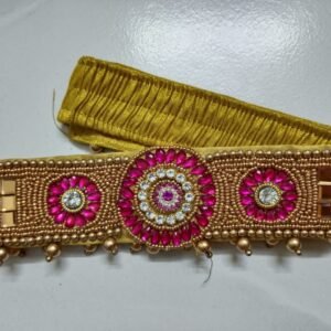 PINK AND WHITE STONES- GOLD BEADS WAIST BELT FABRIC TRADITIONAL WAIST BELT  SIZE 28-44
