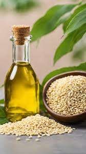 Bottle of Sesame Oil with benefits for cooking, skincare, and hair care displayed. 