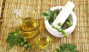 Bottle of Neem Oil showcasing benefits for skincare, hair care, and gardening.