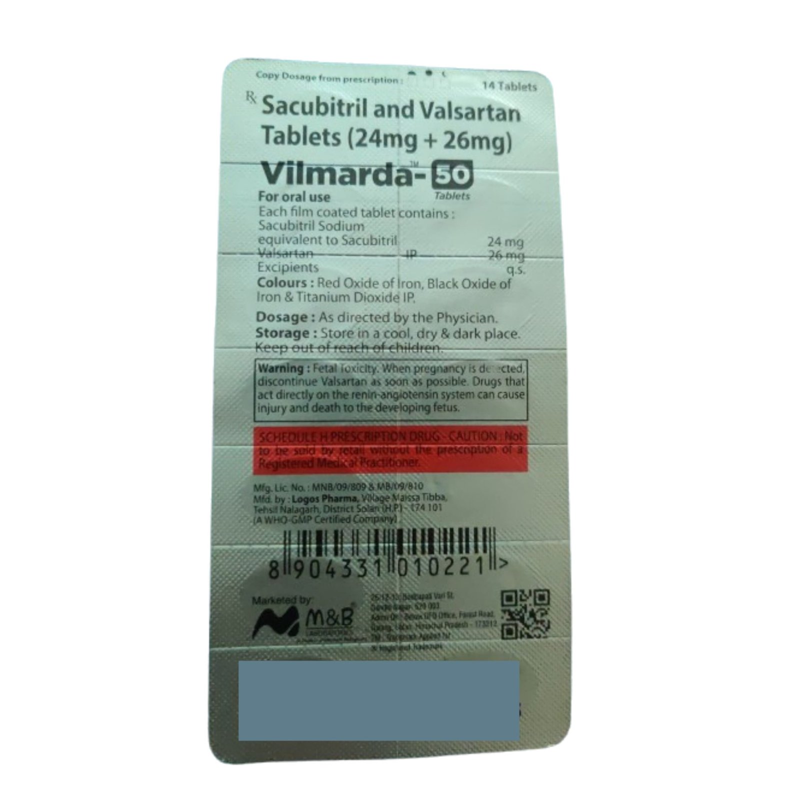 A blister pack of VILMARDA 50mg Tablets (1*14) with clear labeling and dosage instructions.