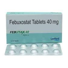 A blister pack of FEBUTAX 40mg Tablets (10's) with clear labeling.


