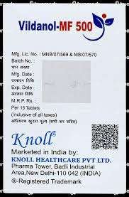  A blister pack of VILDANOL-MF Tablets 14's with clear labeling and dosage instructions.