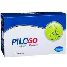 A box of PILOGO Capsules (10’s) with herbal ingredients listed on the label.
