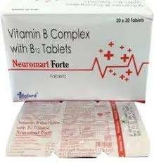 A blister pack of NUROMART Forte Tablets (1*30) with clear labeling and dosage instructions.