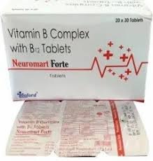 A blister pack of NUROMART Forte Tablets (1*30) with clear labeling and dosage instructions.