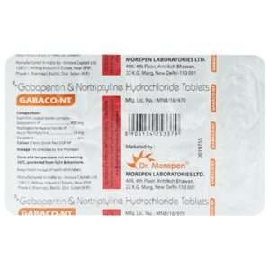 A blister pack of GABACO-NT 400/10 Tablets with dosage details.