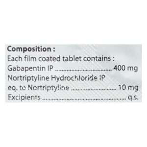 A blister pack of GABACO-NT 400/10 Tablets with dosage details.