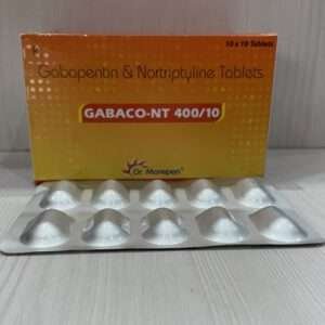 A blister pack of GABACO-NT 400/10 Tablets with dosage details.