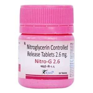 A blister pack of Nitro-G 2.6 Tablets (30’s) with clear labeling and dosage instructions.