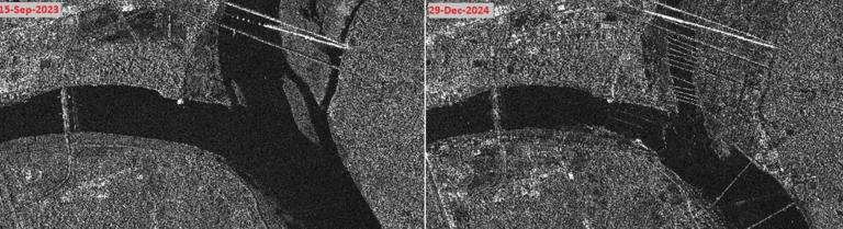 Satellite view of Maha Kumbh Mela in Prayagraj showing tents and crowds at Sangam