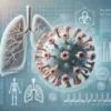 A detailed 3D illustration of the Human Metapneumovirus (HMPV) showing its structural components, set against a medical-themed background with icons of lungs and respiratory health, in blue and white tones.