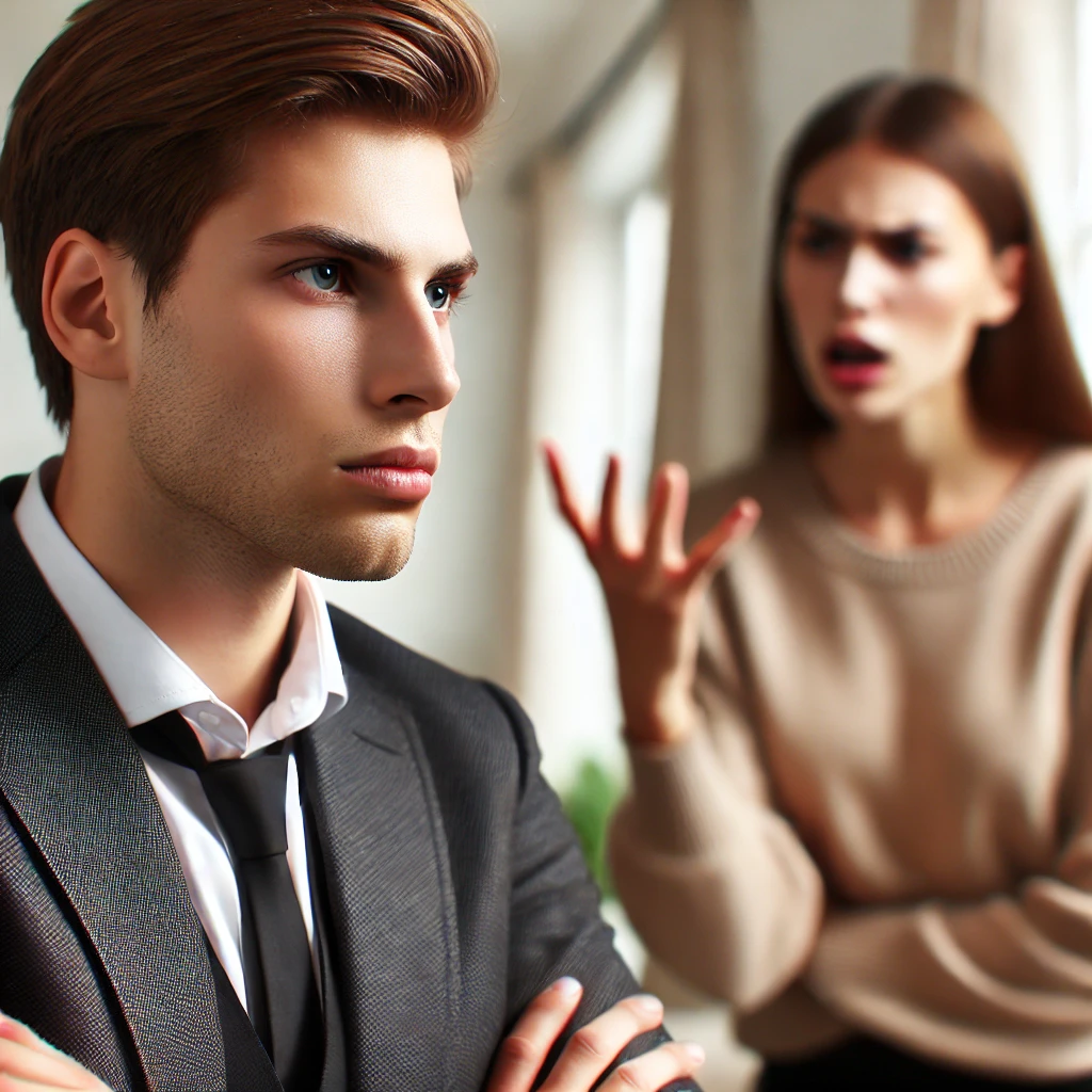 A person calmly managing an argument while the other is angry.