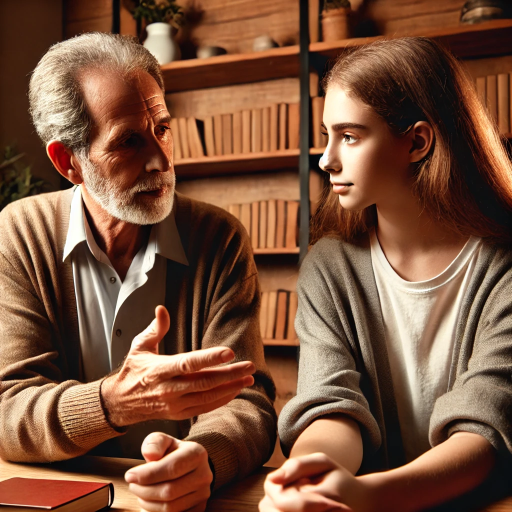 An elder giving advice to a young person on controlling anger in a healthy way