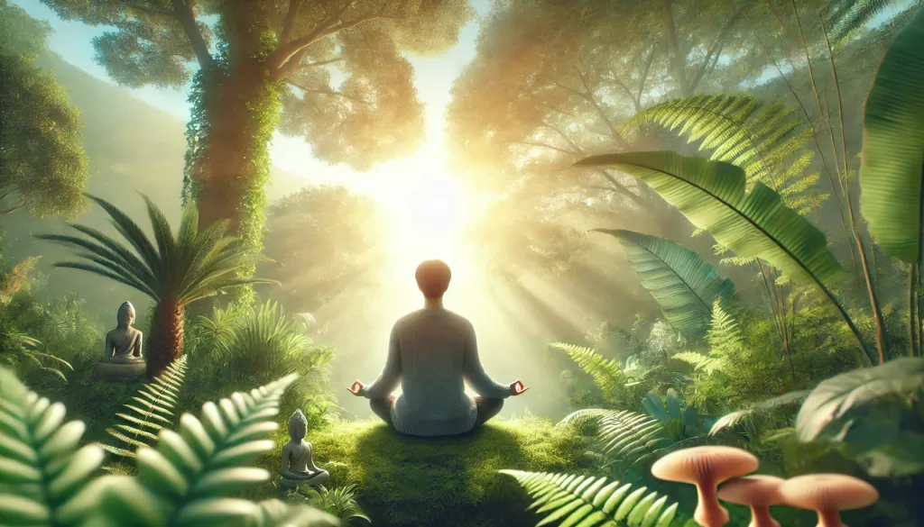 A serene person meditating in a peaceful environment, symbolizing a calm and purified mind.