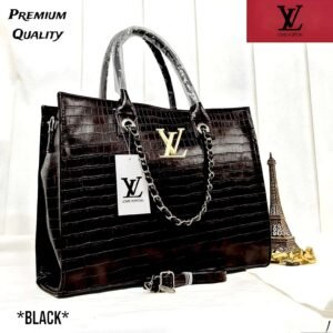 Elegant LV Tote Bag in black with hand block prints, featuring a sturdy grip, adjustable strap, and single compartment design, perfect for daily use.