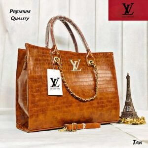 Sophisticated LV Tote Bag in tan, featuring trendy hand block prints, premium crocodile material, a spacious compartment, and an adjustable strap for versatile styling.