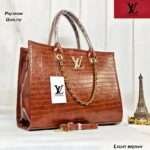 Stylish LV Tote Bag in light brown with trendy hand block prints, spacious interior, and a premium crocodile material finish.