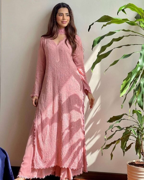 Chikankari embroidery 3-piece suit with georgette dupatta and lace detailing.