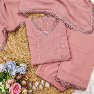 Chikankari embroidery 3-piece suit with georgette dupatta and lace detailing.