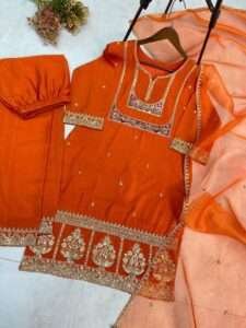 Designer sequin-embroidered top, pant, and organza dupatta set in Air Tex Chinon fabric.