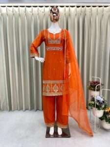 Designer sequin-embroidered top, pant, and organza dupatta set in Air Tex Chinon fabric.