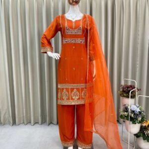 Designer sequin-embroidered top, pant, and organza dupatta set in Air Tex Chinon fabric.