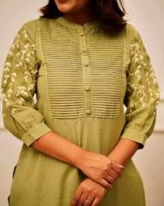Close-up of embroidered design on a stylish cotton kurti for women
