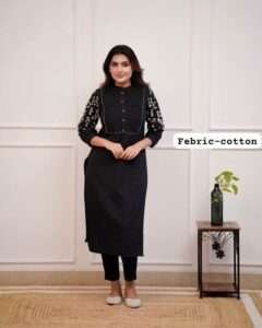 Model wearing a trendy office wear kurti pant set with intricate detailing