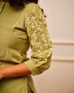 Close-up of embroidered design on a stylish cotton kurti for women