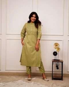 Classic cotton kurti pant set with embroidery and pintex detailing, perfect for office wear