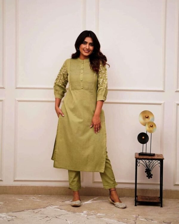 Classic cotton kurti pant set with embroidery and pintex detailing, perfect for office wear