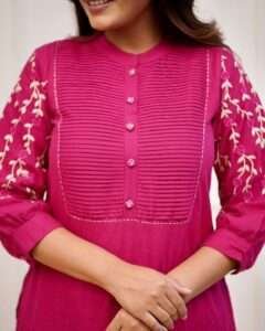 Close-up of embroidered design on a stylish cotton kurti for women