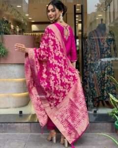 Gorgeous silk top-bottom set with intricate embroidery and jacquard dupatta, ideal for weddings and festive occasions.