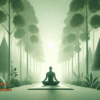 A serene person meditating in silence, surrounded by nature during a quiet morning.