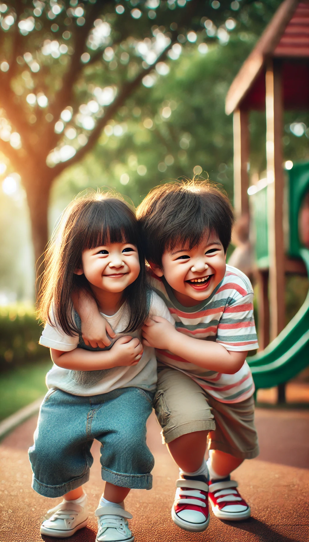 Two childhood friends playing in a park, showcasing the innocence and joy of early friendships.