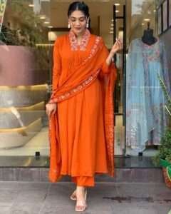 Elegant embroidered kurta with cotton pants and soft dupatta