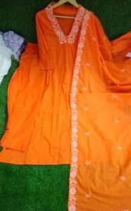 Elegant embroidered kurta with cotton pants and soft dupatta