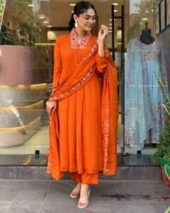 Elegant embroidered kurta with cotton pants and soft dupatta