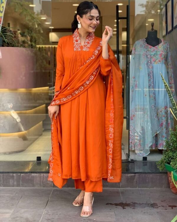 Elegant embroidered kurta with cotton pants and soft dupatta