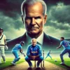 illustration of Greg Chappell with a serious expression, standing against a backdrop of Indian cricketers in turmoil. The image represents the tension and conflicts during his time as India's head coach.