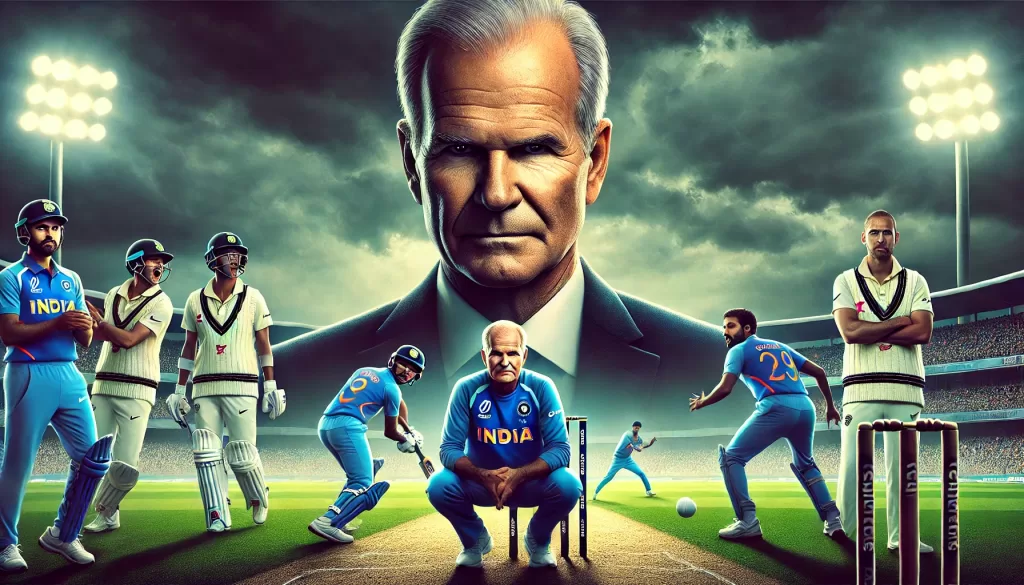 illustration of Greg Chappell with a serious expression, standing against a backdrop of Indian cricketers in turmoil. The image represents the tension and conflicts during his time as India's head coach.