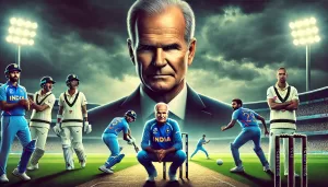 illustration of Greg Chappell with a serious expression, standing against a backdrop of Indian cricketers in turmoil. The image represents the tension and conflicts during his time as India's head coach.