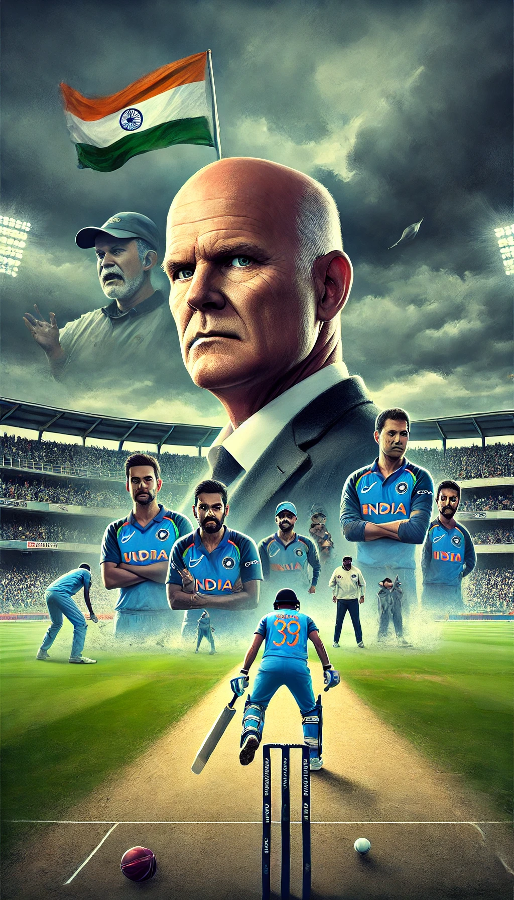 A dramatic digital painting of Greg Chappell standing in a cricket stadium with a stormy sky. Indian cricket players appear distressed in the background, symbolizing the controversy and division during his coaching tenure.