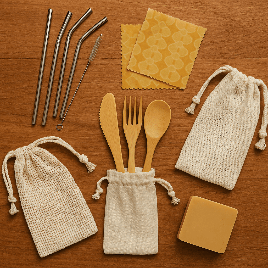 Zero waste kitchen products including stainless steel straws, beeswax wraps, and reusable cloth bags for eco-friendly living in India