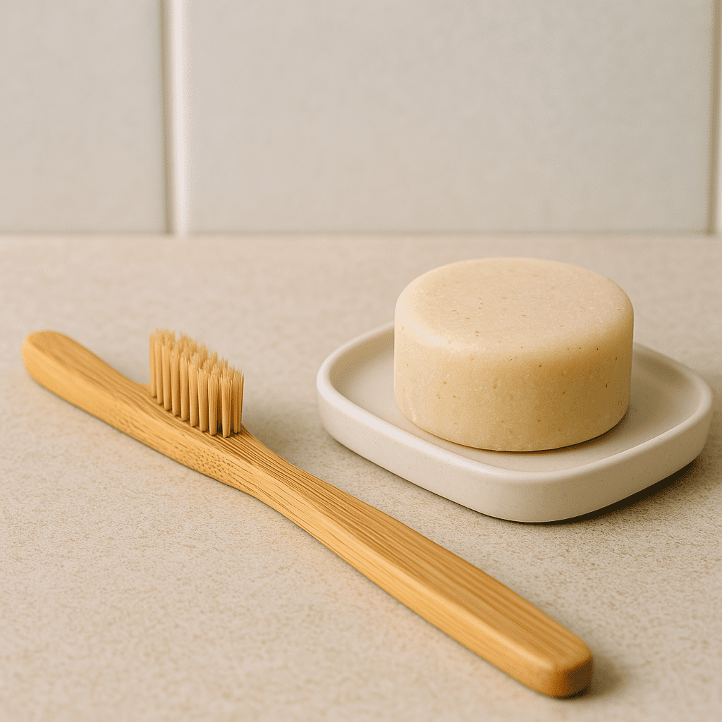 Bamboo toothbrush and plastic-free shampoo bar as eco-friendly personal care products in India