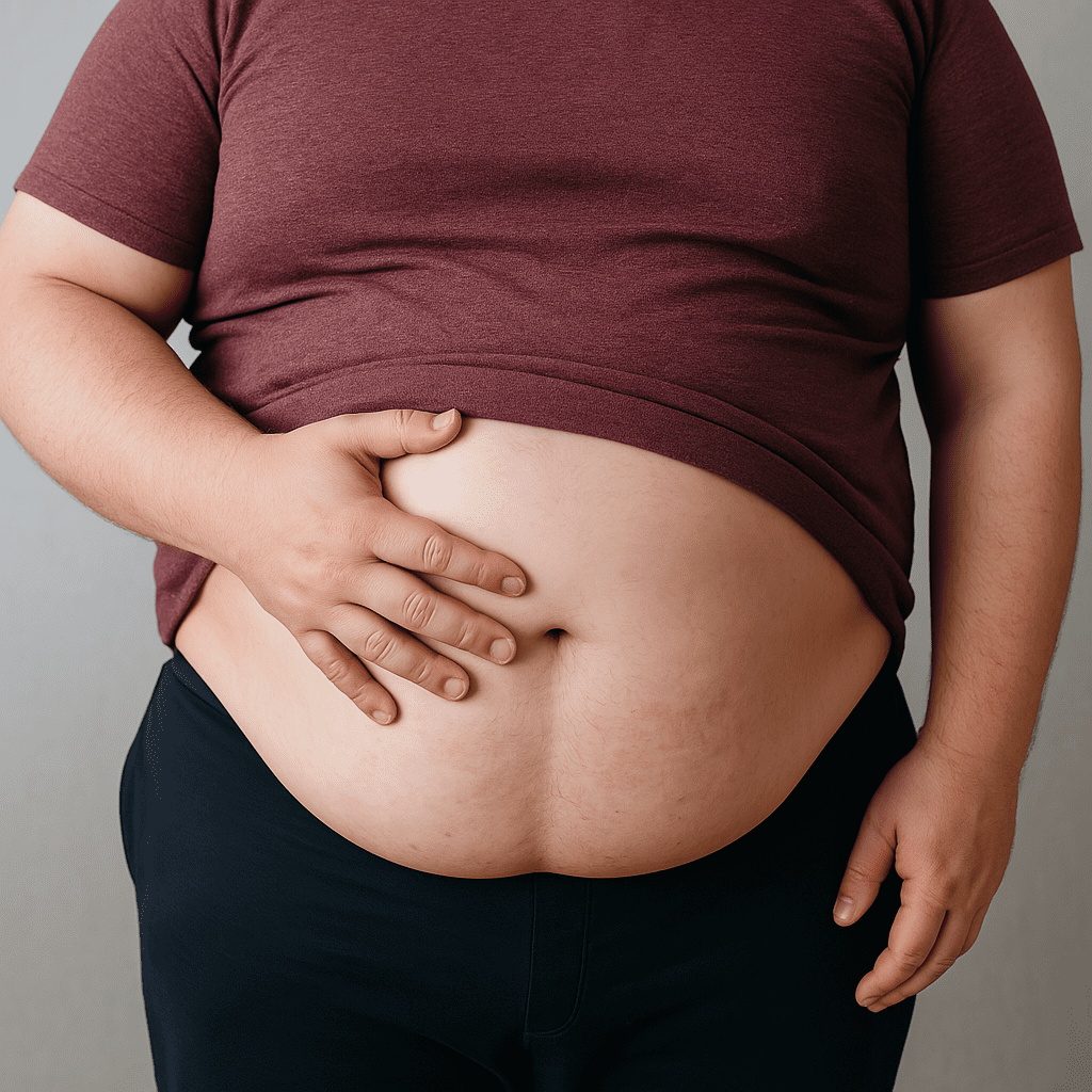 Overweight individual with visible abdominal fat, highlighting obesity’s link to liver health and function tests