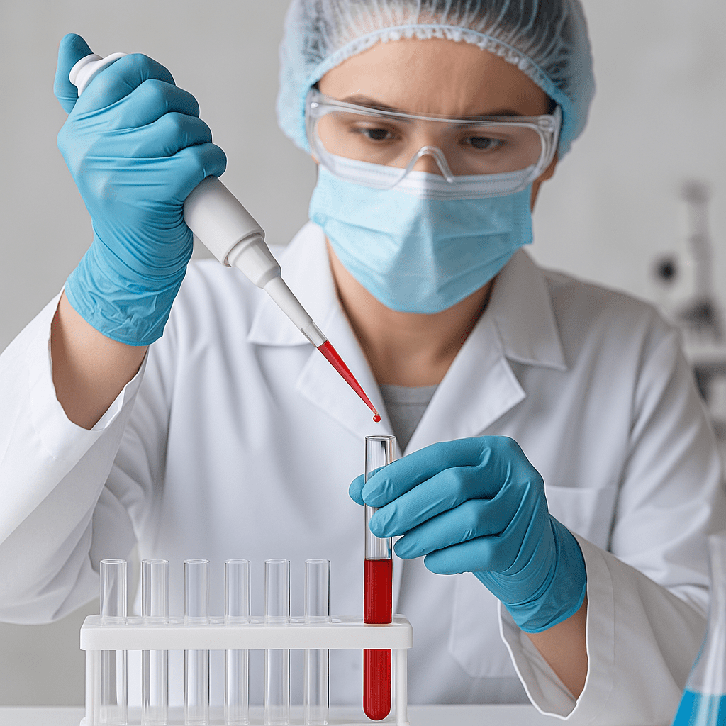 Laboratory technician analyzing blood samples for liver function tests in a medical lab setting