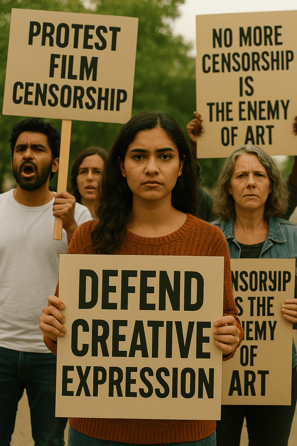 Protesters outside the CBFC office holding signs supporting artistic freedom.
