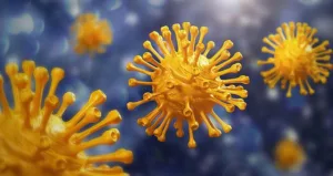 3D illustration of the NB.1.8.1 COVID-19 virus variant with detailed spike protein structures, representing viral mutation and spread.