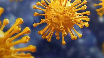 3D illustration of the NB.1.8.1 COVID-19 virus variant with detailed spike protein structures, representing viral mutation and spread.